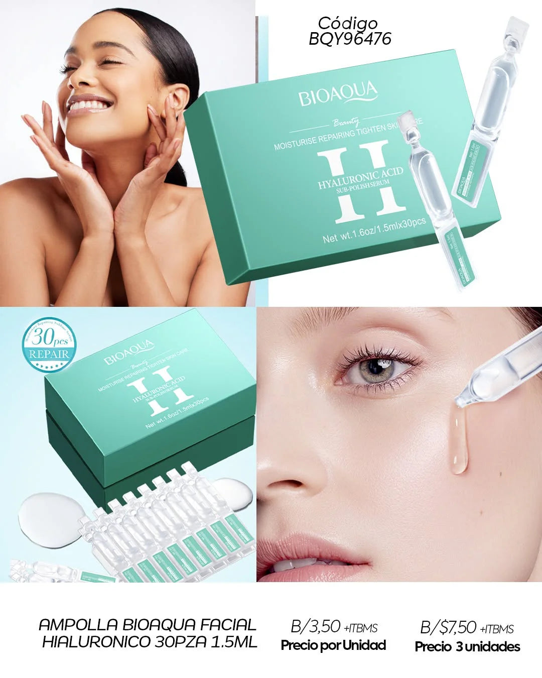 BIOAQUA - Ampolla Facial Ácido Hialurónico (30 x 1.5 ml)